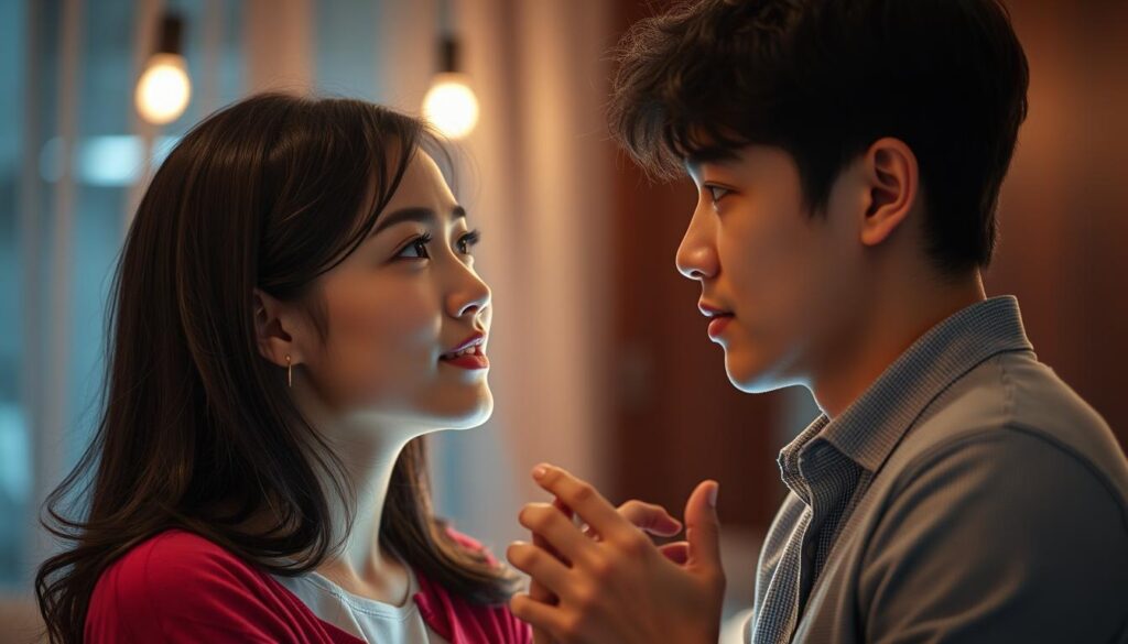 A romantically-inclined ENTJ (Extraverted, Intuitive, Thinking, Judging) personality type, expressing their affection through decisive, assertive actions. The scene depicts a young, attractive Japanese-looking individual gazing intently at their romantic interest, their body language and facial expression conveying a sense of confident, unwavering attraction. Soft, warm lighting illuminates the intimate setting, creating a sense of intimate, focused attention. The background is blurred, keeping the focus on the central figure and their expressive, captivating demeanor.