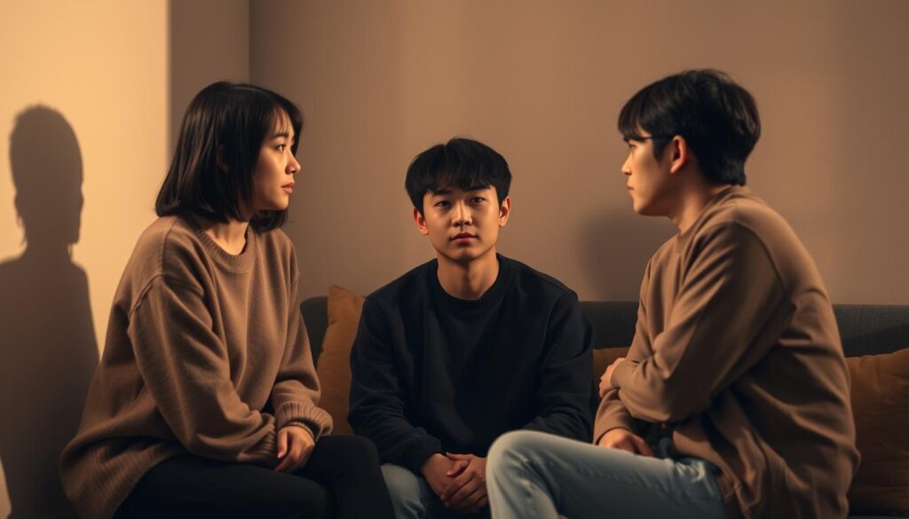 A scene of three young Japanese individuals, two women and one man, engaged in a thoughtful discussion. The women, representing ISFJ and ISTJ personalities, sit across from the man, representing the ENTP-T type, in a cozy, dimly lit room. Soft, warm lighting casts gentle shadows, creating an atmosphere of contemplation. The women's expressions convey a sense of caution and hesitation, while the man's face radiates an aura of creativity and curiosity. The composition emphasizes the interplay of their differing perspectives, inviting the viewer to witness the nuanced dynamics of personality clashes and the search for harmonious understanding.