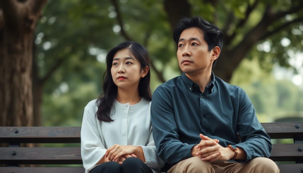A serene Japanese couple, a man and a woman, seated together on a park bench. The woman gazes pensively into the distance, while the man listens intently, his hands clasped contemplatively. Soft, diffused natural light filters through the surrounding trees, creating a warm, intimate atmosphere. The pair's expressions convey a sense of deep understanding and mutual support as they navigate the challenges of their relationship. The scene evokes a sense of quiet introspection and a resolve to work through any obstacles they may face.