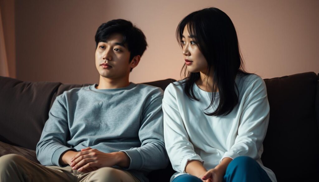 A serene Japanese couple, a man and woman in their 20s, sit together on a couch, lost in contemplation. The lighting is soft and warm, creating an intimate atmosphere. The woman's body language seems slightly withdrawn, while the man appears more open, suggesting a disconnect in their communication and emotional connection. The background is blurred, keeping the focus on the couple's interaction and the tension between them. The scene conveys a sense of unease and the need for greater flexibility and understanding in their relationship.
