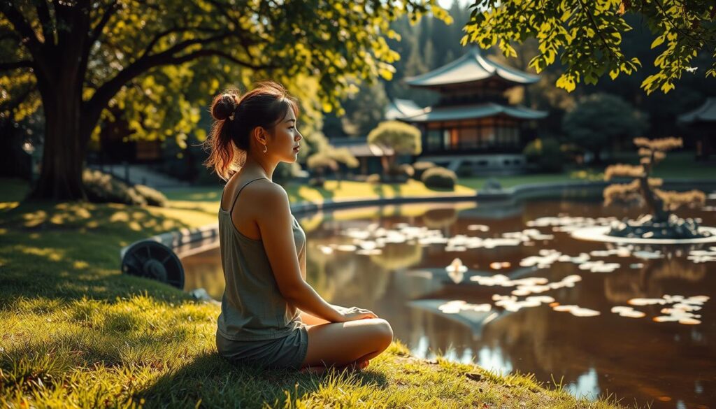 A serene Japanese garden, with a young woman sitting cross-legged on the grassy bank, gazing thoughtfully at the tranquil pond. Dappled sunlight filters through the lush foliage, casting a warm, golden hue across the scene. Her expression radiates a sense of inner freedom and self-determination, capturing the essence of the importance of liberty and independence. In the background, a traditional pagoda-style building stands as a symbol of timeless wisdom and cultural heritage. The overall atmosphere evokes a sense of balance, harmony, and the profound value of personal autonomy.