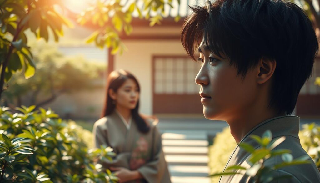 A serene Japanese-inspired scene showcases the essence of honesty and sincerity. In the foreground, a young man with a calm, thoughtful expression stands amidst a tranquil garden, his black hair and features suggesting a traditional aesthetic. Soft, natural lighting filters through the lush foliage, casting a warm glow on his face and the surrounding environment. In the middle ground, a women with a similar appearance gazes at him intently, her body language conveying a sense of trust and openness. The background features a simple, minimal structure, perhaps a traditional Japanese-style pavilion, further enhancing the serene, contemplative mood. Together, the figures and setting evoke a palpable sense of authenticity, trust, and the power of honest, genuine connection.