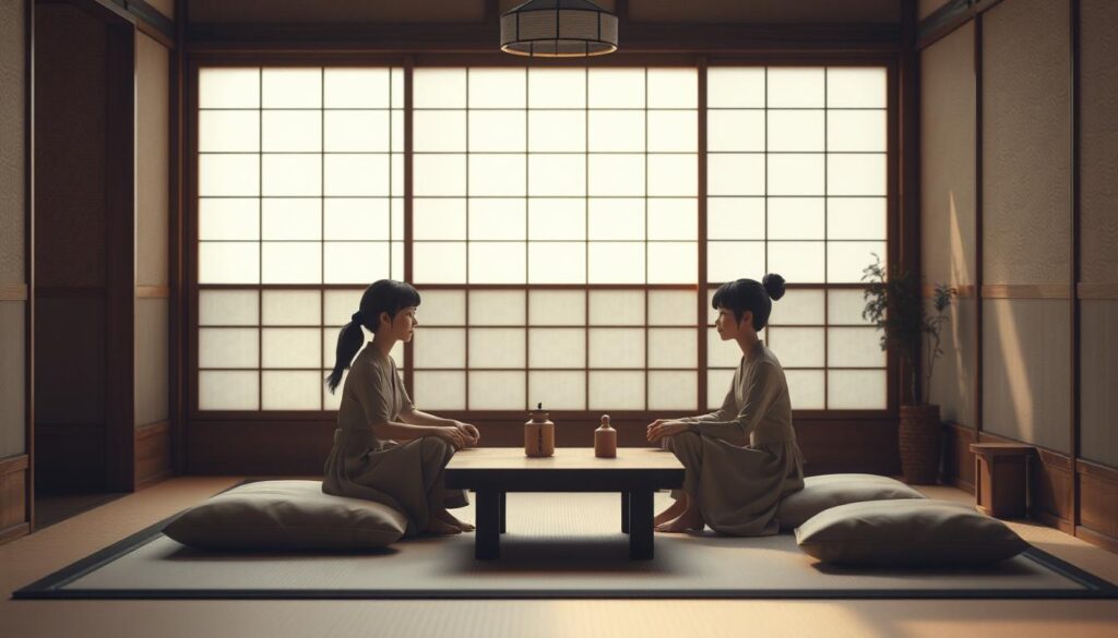 A serene Japanese-style interior with muted colors and natural textures. Three young people of Japanese descent sit around a low table, engaged in a hushed conversation. Soft, indirect lighting casts gentle shadows, creating an atmosphere of thoughtful introspection. The figures are posed with a sense of reserved body language, hinting at the unspoken nuances of ISTP communication. The scene conveys a sense of cultural sensitivity, interpersonal restraint, and the unsaid complexities of human interaction.