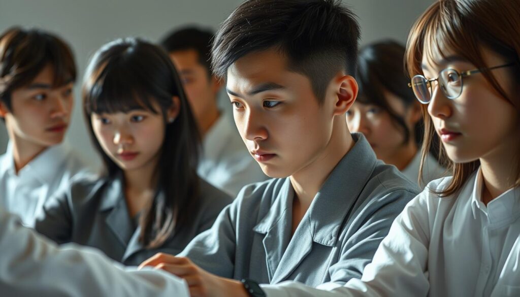 A serene and insightful examination of the inner workings of the human psyche. The scene depicts a group of young, Japanese-looking individuals undergoing a psychological assessment, their contemplative expressions conveying the depth and significance of the process. Soft, diffused lighting casts a pensive atmosphere, while the crisp, realistic rendering emphasizes the gravity and importance of the "心理機能診断". The models are positioned thoughtfully, their body language and gazes reflecting the introspective nature of the diagnostic procedure. The image captures the essence of unveiling the mysteries of the mind, inviting the viewer to ponder the revelations and self-understanding that such an examination can provide.