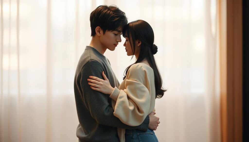 A serene and intimate scene of two individuals, a man and a woman, standing in close proximity, their bodies angled towards one another, forming a harmonious and complementary relationship. The lighting is soft and warm, creating a cozy and inviting atmosphere. The backgrounds are blurred, allowing the focus to remain on the couple's connection. Their body language, facial expressions, and positioning suggest a deep understanding and mutual appreciation between them, reflecting the concept of "相互補完関係". The models have a youthful, Japanese-inspired appearance, with dark hair and realistic facial features.