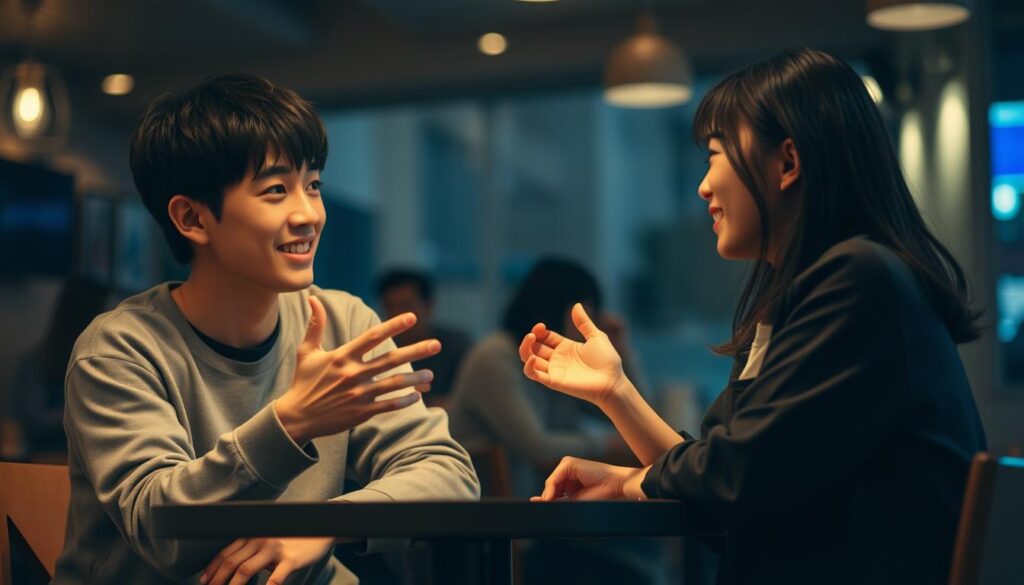 A serene and intimate scene unfolds in a dimly lit cafe. Two young Japanese individuals, a man and a woman, sit across from each other, their expressions warm and engaged as they share their future plans. The man gestures animatedly, his features illuminated by the soft glow of the cafe's lighting, while the woman listens intently, her gaze unwavering. The background is blurred, allowing the viewer to focus on the connection between the two figures, conveying a sense of openness and trust as they collaborate on shaping their shared destiny.