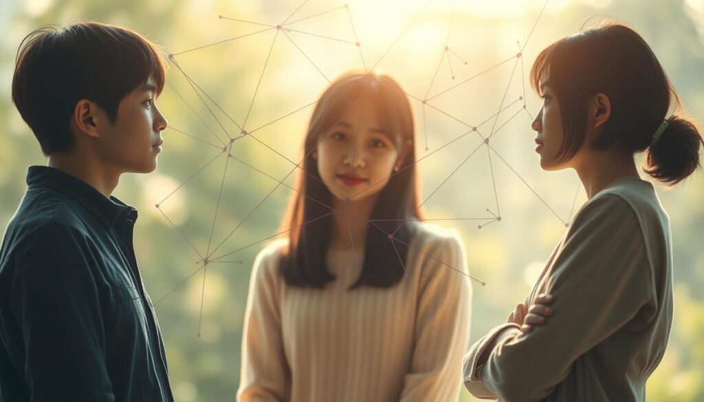 A serene, artistically-composed scene depicting the intricate web of human relationships. Three young Japanese individuals stand in a thoughtful, pensive pose, their expressions conveying the nuanced emotional connections that shape our interpersonal dynamics. Soft, natural lighting illuminates their features, creating a sense of warmth and intimacy. The background is blurred, allowing the figures to take center stage, the center of attention. This image aims to capture the essence of the INFJ's keen sensitivity and intuitive understanding of the human experience.