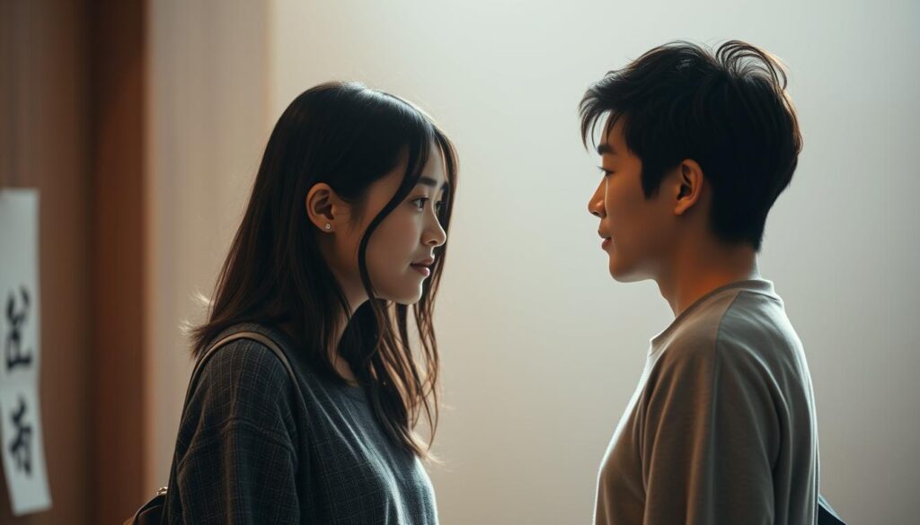 A serene, authentic scene of two young Japanese individuals standing face-to-face, their expressions conveying deep, mutual understanding. Soft, diffused lighting casts a warm, tranquil atmosphere, as they gently lean in towards each other, their body language radiating open, attentive engagement. The background is subtly blurred, keeping the focus on their intimate, thoughtful exchange - a representation of the care and effort required to appreciate each other's unique perspectives and find common ground.