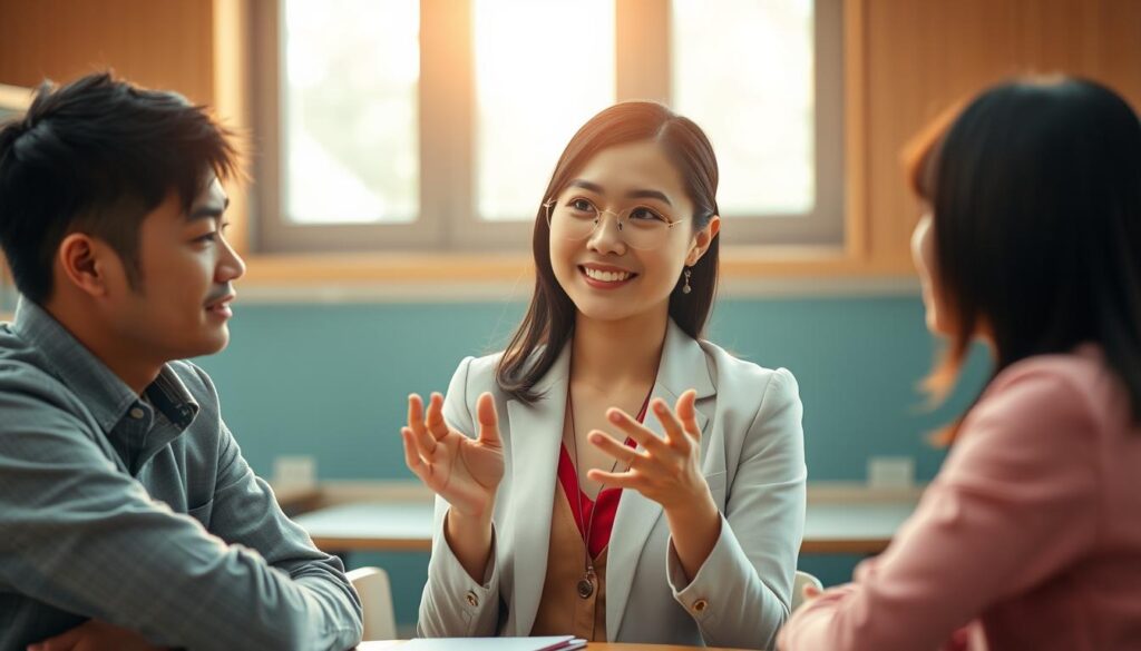 A serene classroom setting, bathed in warm natural light. Three young Japanese-looking individuals, their expressions radiating empathy and compassion, engaged in a thoughtful discussion. The middle figure, a woman in a smart, professional attire, gestures with an open, inviting posture, her eyes conveying a genuine desire to understand. The two others, a man and a woman, listen intently, their faces reflecting a deep sense of connection and mutual understanding. The setting evokes a sense of harmony, where education, healthcare, and human connection converge to create an atmosphere of profound understanding and care.