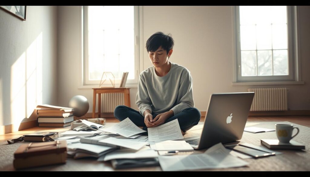 A serene, contemplative scene of a young Japanese person deeply engaged in self-analysis, using a variety of methods to understand their inner strengths and weaknesses. The figure sits in a simple, minimalist room, bathed in warm, natural lighting that filters through large windows. They are surrounded by scattered papers, a laptop, and carefully curated objects that represent the different tools and approaches to personal growth. The overall mood is one of introspection, determination, and a sense of embarking on a transformative journey of self-discovery.