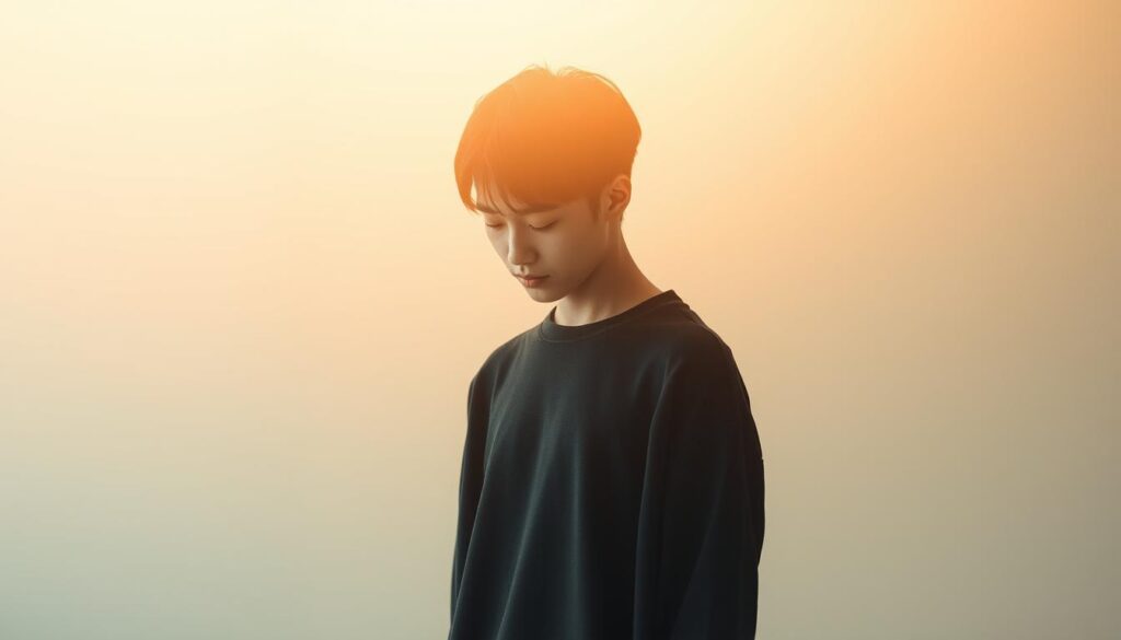 A serene, contemplative scene of an introspective young Japanese individual standing amidst a tranquil, minimal setting. Soft, natural lighting emanates from an unseen source, casting a warm, ethereal glow across the figure's features. The subject's eyes are downcast, their expression thoughtful and introspective, conveying a sense of self-reflection and personal growth. The background is a simple, uncluttered space, with muted tones and gentle gradients that provide a calming, meditative atmosphere, allowing the viewer to focus on the subject's inner journey. The overall composition and mood evoke a sense of personal development, self-awareness, and the transformative power of introspection.