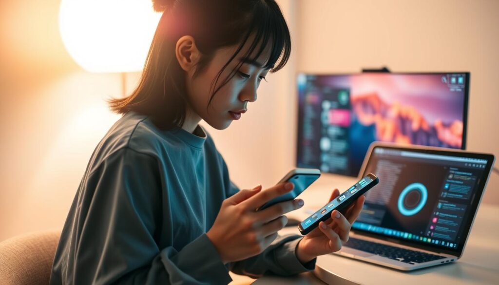 A serene digital workspace, bathed in soft, directional lighting that subtly highlights the intricate, futuristic interfaces of various devices. In the foreground, a young, Japanese-inspired individual, their features refined and expressive, intently focused on their smartphone, navigating a myriad of social media and messaging apps. The middle ground reveals a sleek, minimalist computer setup, with a state-of-the-art laptop and tablet, their screens displaying vibrant, data-rich visualizations. The background immerses the scene in a calm, pastel-toned environment, suggesting a sense of calm and focus, as the subject seamlessly blends technology and personal connection.