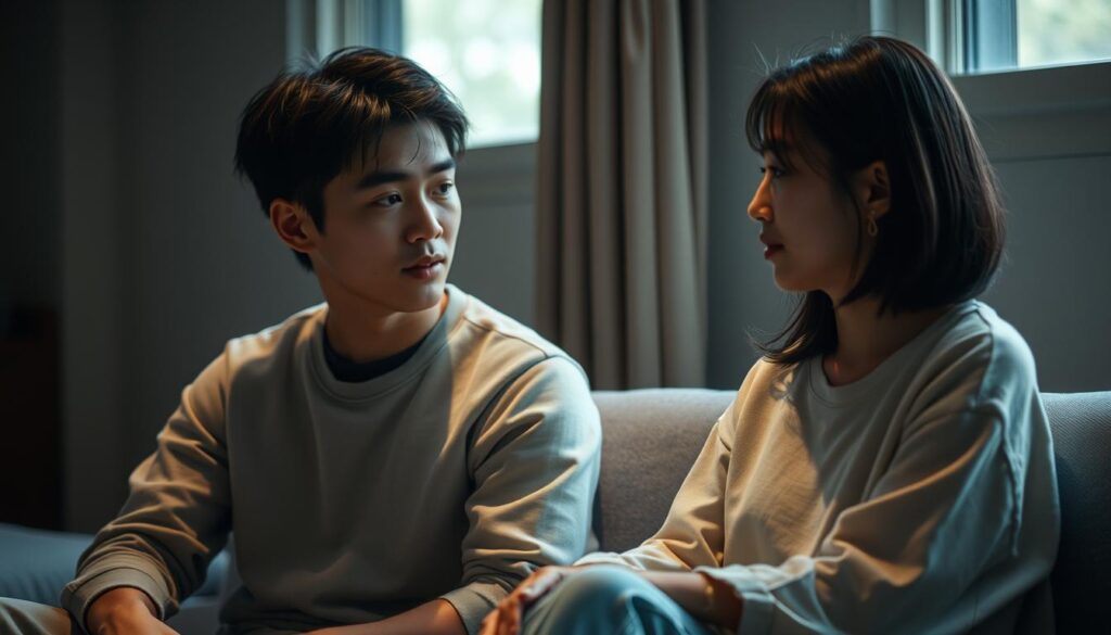 A serene, dimly lit scene featuring two young Japanese individuals, a man and a woman, engaged in earnest conversation. Soft, natural lighting from a nearby window illuminates their faces, conveying a sense of openness and trust. The pair sit close, their postures relaxed and attentive, subtly mirroring each other's body language to suggest a deep, genuine connection. The background is subtly blurred, allowing the viewer to focus on the sincere exchange between the subjects, who exude an aura of honesty and reliability. The overall mood is one of tranquility, mutual understanding, and the authentic bonds of interpersonal trust.