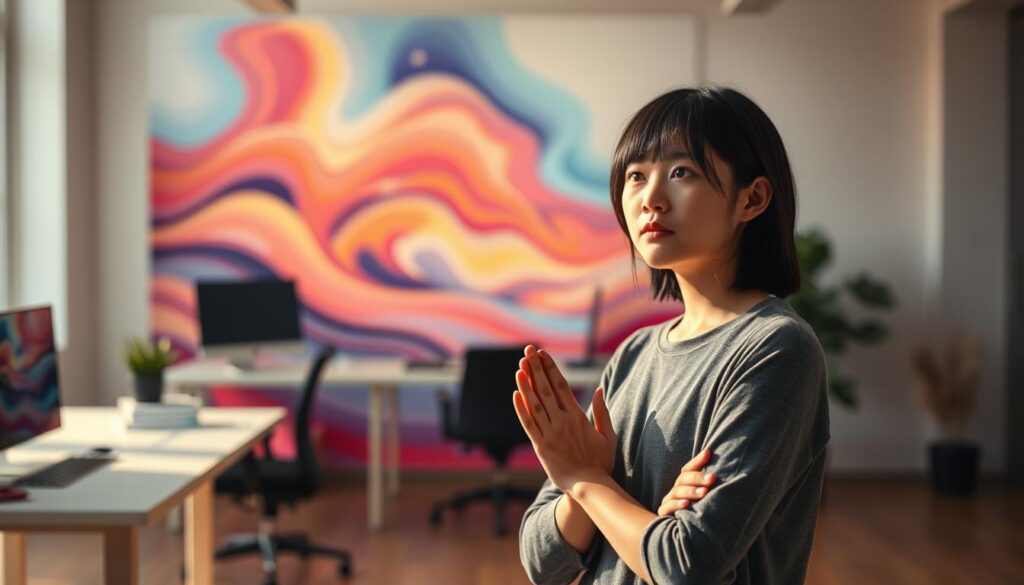 A serene, harmonious balance between logical reasoning and creative imagination. In the foreground, a young Japanese-looking model with dark hair stands thoughtfully, their hands intertwined as they contemplate the equilibrium between analytic problem-solving and innovative flair. The midground features a minimalist, modern workspace with sleek, functional design elements, hinting at the subject's technical prowess. In the softly blurred background, a vibrant, abstract landscape of flowing organic shapes and vivid colors symbolizes the boundless creative potential. Warm, natural lighting casts a pensive, meditative atmosphere over the entire scene, capturing the essence of the ENTP-T personality: a captivating fusion of intellectual rigor and imaginative vision.