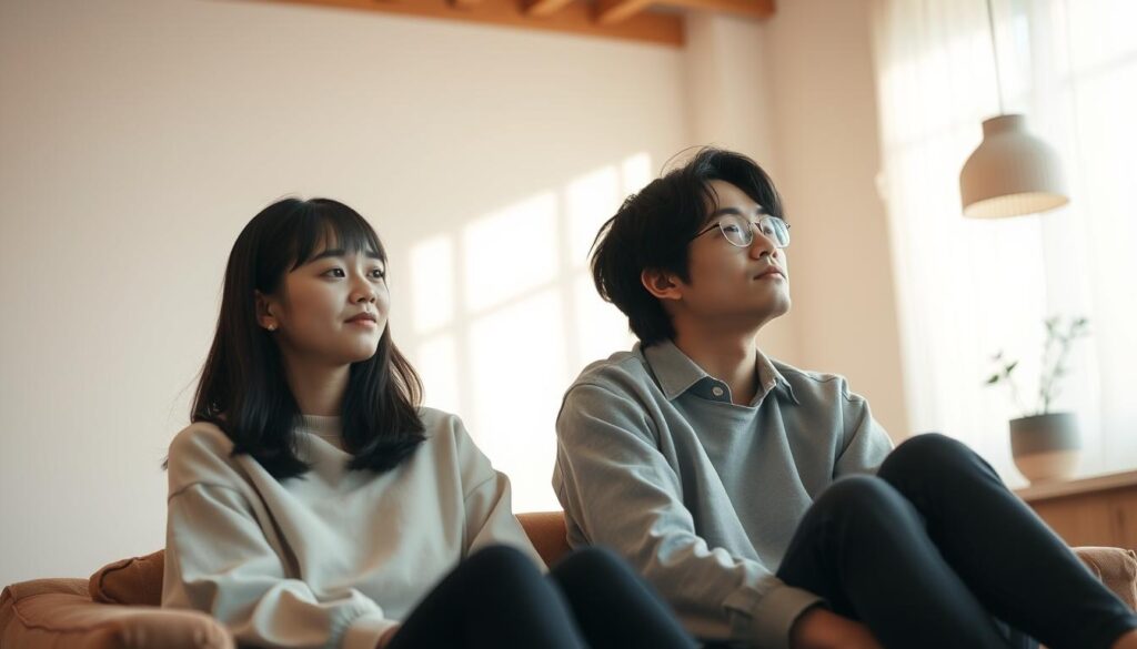 A serene, harmonious scene depicting two young, Japanese-looking individuals sitting together in a softly lit, minimalist indoor setting. The ISFJ-T figure, with a gentle, empathetic expression, leans in attentively, while the more cerebral, contemplative INTJ gazes off thoughtfully, creating a balanced, complementary dynamic. The lighting is warm and natural, with a sense of tranquility and understanding permeating the atmosphere. Subtle details, like the neutral-toned furnishings and decor, reinforce the sense of balance and connection between the two personalities.