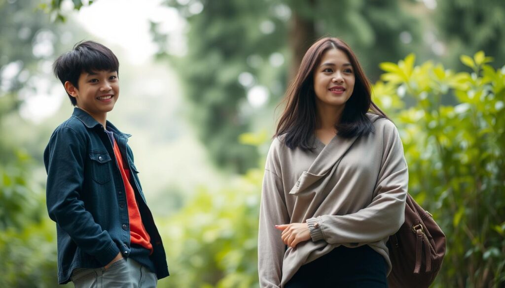 A serene, harmonious scene of two young, Japanese-looking individuals in a natural setting. In the foreground, an ESFP (the Entertainer) stands tall, with a warm, captivating expression and a vibrant, dynamic pose. In the middle ground, an ISFJ-T (the Defender) leans in, listening intently, their face reflecting a sense of calm understanding and genuine interest. The background is a lush, verdant garden, with soft, diffused lighting that creates a soothing, contemplative atmosphere. The figures are positioned in a complementary, balanced composition, symbolizing the synergy and mutual understanding between these two personality types.