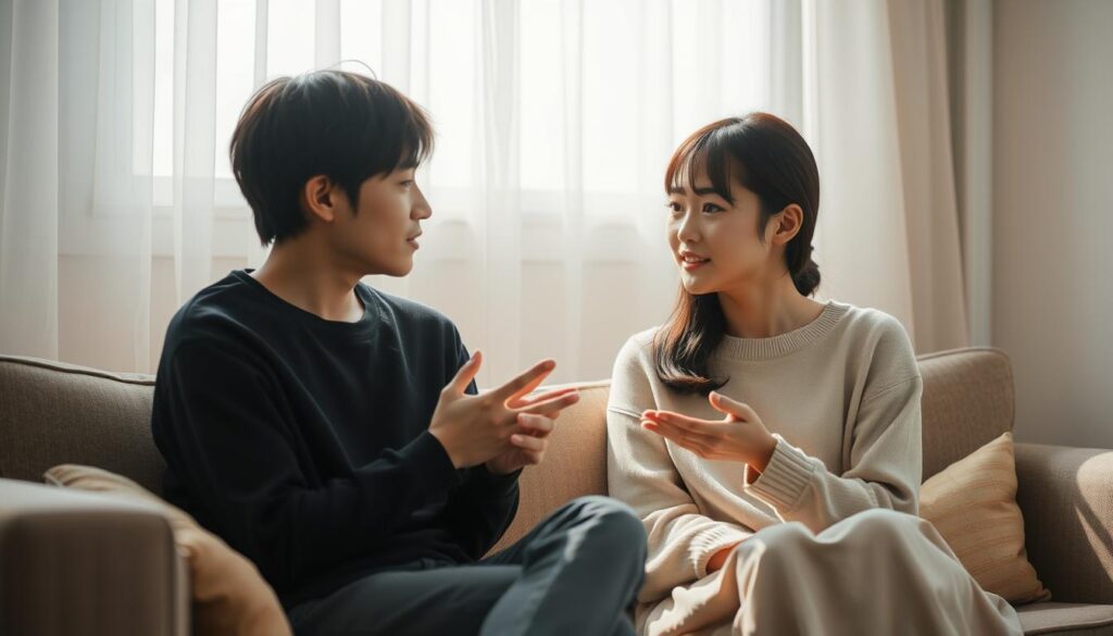 A serene indoor scene depicting two young Japanese individuals engaged in a thoughtful conversation. Soft lighting from a nearby window illuminates their faces, creating a warm, intimate atmosphere. The pair sit comfortably on a plush couch, their body language and facial expressions conveying a sense of attentive listening and mutual understanding. The background is blurred, allowing the viewer to focus on the interpersonal dynamics unfolding. Subtle details like the placement of hands and the gentle inclination of heads suggest a delicate, considerate exchange, reflecting the concept of "fine-tuned consideration" in human relationships.