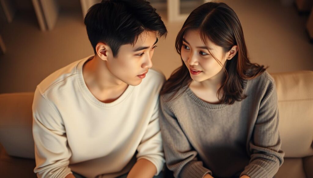 A serene, intimate scene of two young, Japanese-looking individuals engaged in meaningful communication. The couple sits facing each other, their expressions thoughtful and attentive. Soft, warm lighting illuminates their features, creating a sense of closeness and understanding. The background is blurred, keeping the focus on their interaction. The camera angle is slightly elevated, giving a birds-eye view that enhances the feeling of being a silent observer to their private moment. The overall mood is one of genuine connection, highlighting the importance of effective communication in a romantic partnership.