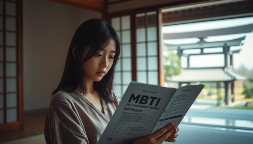 A serene, introspective scene in a tranquil Japanese-inspired setting. The foreground features a young Japanese woman intently studying a MBTI self-assessment report, her expression one of deep contemplation as she considers the insights revealed. The middle ground showcases a minimalist, zen-like interior with natural light filtering in, creating a calming ambiance. The background depicts a serene garden landscape with a traditional Japanese pavilion, evoking a sense of harmony and self-discovery. The lighting is soft and diffused, accentuating the model's pensive demeanor. The overall mood is one of thoughtful introspection and personal growth, reflecting the subject matter of understanding one's MBTI psychological functions.