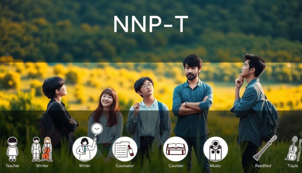 A serene landscape with a group of young Japanese-looking individuals standing in a thoughtful, contemplative pose. The foreground features a diverse array of professions represented by icons and illustrations, including a teacher, a writer, a counselor, and a musician. The middle ground showcases a tranquil natural setting with a lush, verdant background, bathed in soft, warm lighting that creates a calming atmosphere. The overall composition conveys a sense of introspection and guidance, reflecting the INFP-T personality type and the recommended career paths for this personality.