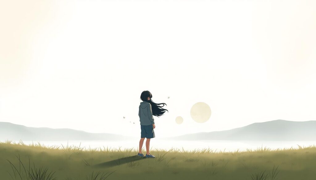 A serene landscape with a young Japanese individual standing in a contemplative pose, their black hair gently swaying in the breeze. The figure is surrounded by a soft, diffused light, creating a sense of introspection and self-discovery. In the middle ground, abstract shapes and forms symbolize the inner journey of self-understanding, while the background features a tranquil, minimalist environment that allows the viewer to focus on the core essence of the scene. The overall mood is one of calm reflection, inviting the viewer to embark on their own path of personal growth and self-awareness.