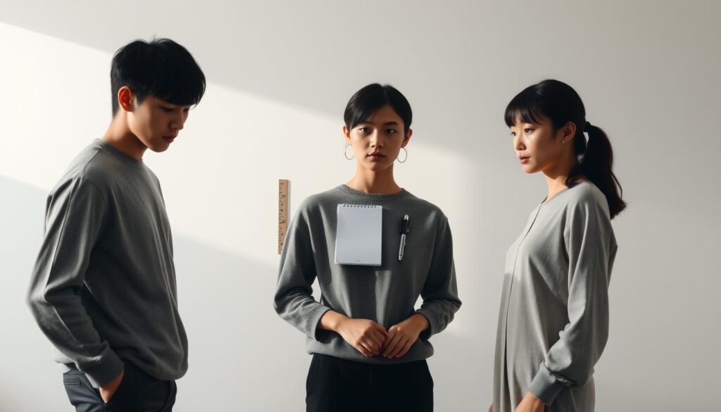 A serene, meticulously planned scene showcasing a step-by-step approach. In the foreground, three young Japanese-looking models stand in a row, their expressions focused and determined. Subtle lighting casts soft shadows, emphasizing the precision of their movements. The middle ground features simple, minimalist props - a ruler, a notebook, and a pen - symbolizing the tools of a well-organized plan. The background is a clean, neutral environment, allowing the central elements to take center stage. The overall mood is one of calm, calculated progress, capturing the essence of a "planned approach" as described in the article section.