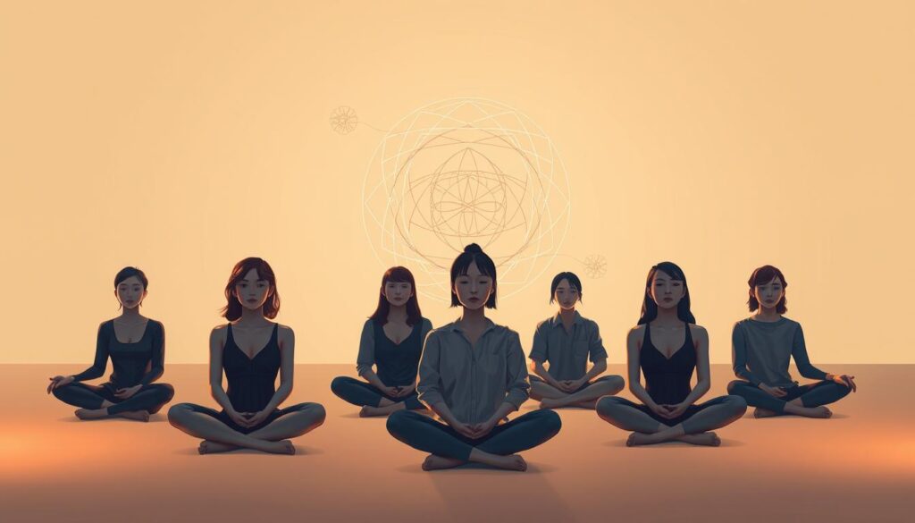 A serene, minimalist illustration of the MBTI psychological functions in their entirety. In the foreground, a group of young, Japanese-looking individuals sit cross-legged, their bodies and faces depicted with realistic, photographic detail. Their expressions convey a sense of deep introspection and self-awareness. In the middle ground, abstract geometric shapes and patterns swirl and intertwine, representing the complex interplay of the cognitive functions. The background is a soft, muted gradient, evoking a sense of tranquility and focus. Warm, diffused lighting casts a gentle glow, emphasizing the meditative quality of the scene. The overall composition is balanced and harmonious, inviting the viewer to contemplate the holistic nature of the MBTI system.