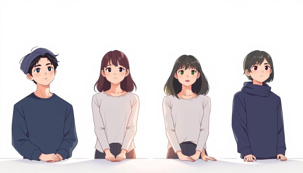 A serene, minimalist illustration showcasing the four core personality indicators of MBTI - Extraversion/Introversion, Sensing/Intuition, Thinking/Feeling, and Judging/Perceiving. The foreground features four young, Japanese-looking models, each representing one of the indicators, posed thoughtfully against a clean, white background. Subtle use of lighting and camera angles emphasizes the introspective, analytical nature of the MBTI framework. The overall atmosphere conveys a sense of balanced, harmonious self-exploration.