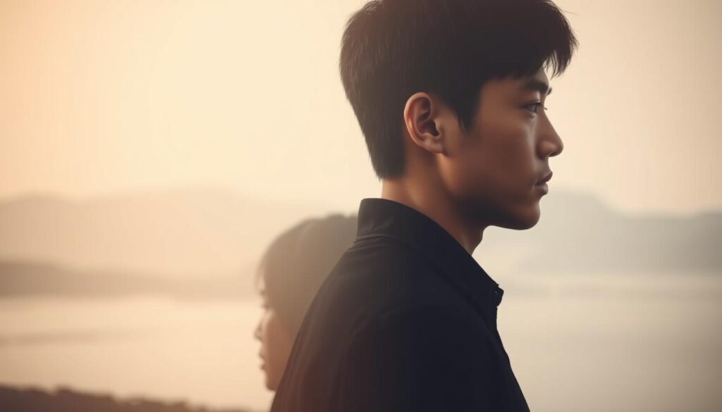 A serene, minimalist scene depicting the interplay between two young, Japanese-looking individuals representing the MBTI psychological functions. The foreground showcases their profiles in a soft, warm light, conveying an introspective mood. Their faces are thoughtful, almost mirroring each other, symbolizing the complementary nature of their inner worlds. The background is a muted, ethereal landscape, hinting at the abstract, conceptual nature of the subject matter. The composition is balanced, with a sense of harmony and interconnectedness, reflecting the pairing and integration of the psychological functions.