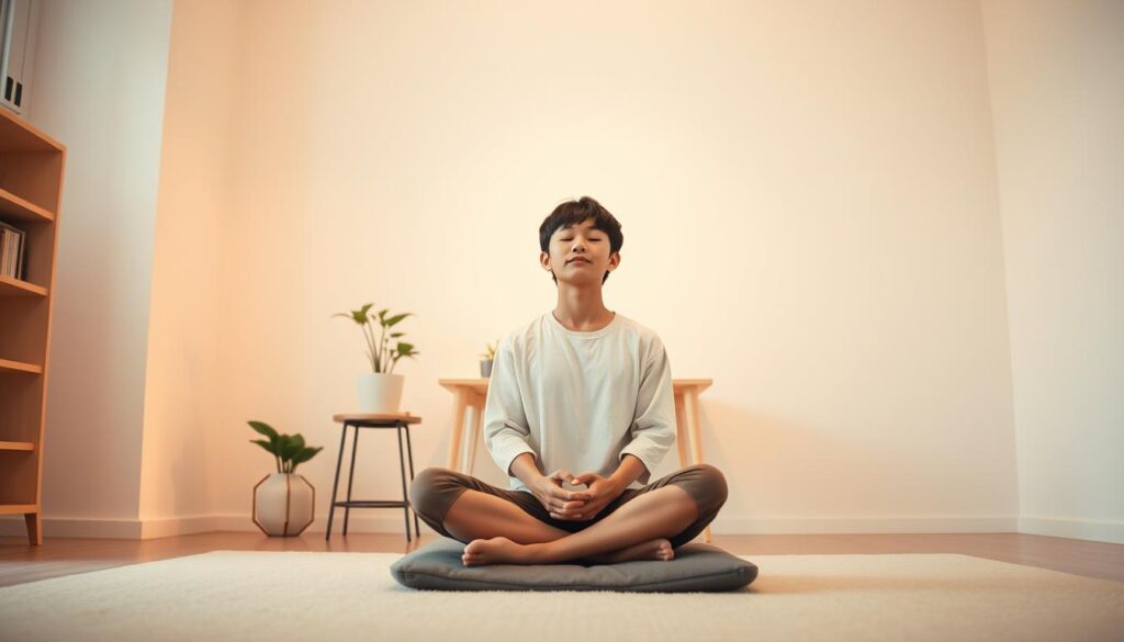 A serene, minimalist study space filled with warm, diffused lighting. In the foreground, a young Japanese person sits cross-legged on a meditation cushion, eyes gently closed in deep focus. Soft, muted colors create a calming atmosphere, with a potted plant and a simple desk setup in the middle ground. The background features a plain, white wall, emphasizing the sense of tranquility and clarity of mind. The composition conveys a sense of mindfulness, concentration, and techniques to overcome the challenges of an ENFP's tendency for scattered focus.