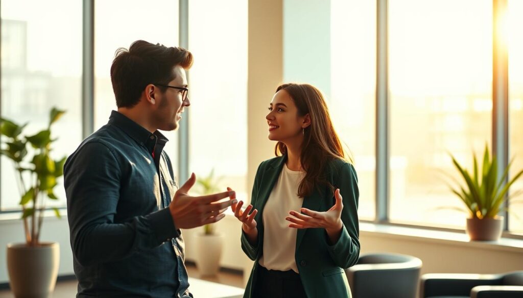 A serene office setting, bathed in warm, natural lighting through large windows. In the foreground, two young professionals, a man and a woman, engage in a deep conversation, their body language conveying trust and mutual understanding. The woman leans in attentively, her gaze steady and focused, while the man gestures with an open, welcoming posture. The background is minimalist, with a few potted plants and sleek, modern furniture, creating a calming, professional atmosphere. The scene radiates a sense of leadership, collaboration, and the building of meaningful relationships.