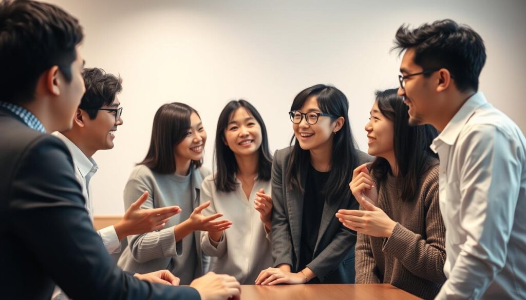A serene office setting, filled with a diverse group of young Japanese individuals engaged in thoughtful discussion. The lighting is warm and inviting, casting a soft glow on their faces as they lean in, making eye contact and gesturing animatedly. The background is minimalist, allowing the focus to remain on the collaborative, face-to-face interaction. A sense of openness and understanding pervades the scene, suggesting effective communication strategies at work. The composition is balanced, with the figures strategically placed to create a harmonious, natural flow. Overall, the image conveys a atmosphere of productive, meaningful exchange - a visual representation of improving communication.