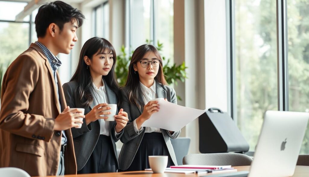 A serene office setting with bright natural lighting cascading through large windows. Three young Japanese professionals, dressed in casual yet professional attire, are earnestly discussing work strategies, their expressions contemplative. One is gesturing animatedly, while the others listen intently, cups of coffee or tea in hand. The mood is one of focused collaboration, as they explore ways to optimize their work through thoughtful time management and judicious delegation of tasks. The scene exudes a sense of balance and proactivity, hinting at the "裁量を持って働くためのコツ" that the article aims to convey.