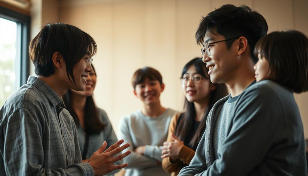 A serene scene of a group of young Japanese individuals engaged in open and meaningful dialogue, their expressions conveying a sense of connection and understanding. The lighting is soft and natural, accentuating the warmth and sincerity of their interactions. The composition features a balanced arrangement, with the figures occupying the foreground, middle ground, and background, creating a sense of depth and inviting the viewer to immerse themselves in the scene. The overall atmosphere is one of harmony and genuine human relationships, reflecting the essence of the "ISFJ-T相性: 全体の概要" section.
