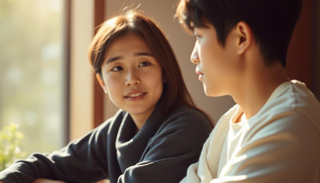 A serene scene of two young Japanese individuals, a man and a woman, engaged in sincere conversation. The warm, natural lighting illuminates their faces, conveying a sense of openness and understanding. Their body language is relaxed, suggesting a resolution to a previous misunderstanding. The background is subtly blurred, allowing the focus to remain on the central figures and their meaningful interaction. The overall mood is one of clarity, empathy, and the strengthening of interpersonal bonds.
