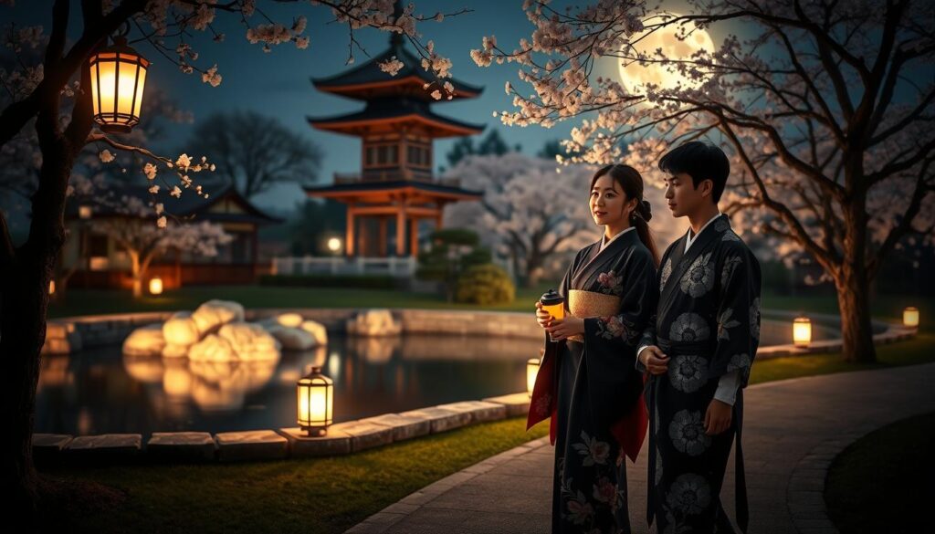 A serene traditional Japanese date night: a couple in formal kimonos stroll along a lantern-lit garden path, surrounded by a moonlit pagoda and cherry blossom trees. Soft lighting casts a warm, intimate glow, as the pair pause to admire the tranquil pond and exchange whispered conversation. Their youthful, sophisticated features and elegant poses convey a timeless, cultural ambiance, immersing the viewer in a centuries-old romantic tableau.