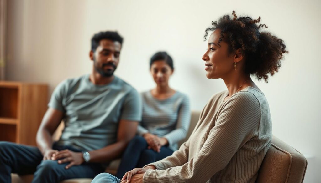 A serene, well-balanced composition showcasing the delicate dynamics of interpersonal relationships. In the foreground, two individuals sit comfortably, their body language conveying a sense of harmony and understanding. The middle ground features a third person, slightly separated, representing the challenges of compatibility. The background is softly blurred, creating a sense of depth and emphasizing the central figures. The lighting is warm and natural, casting gentle shadows that accentuate the subjects' features. The overall atmosphere is one of introspection and contemplation, inviting the viewer to consider the nuances of human connection.
