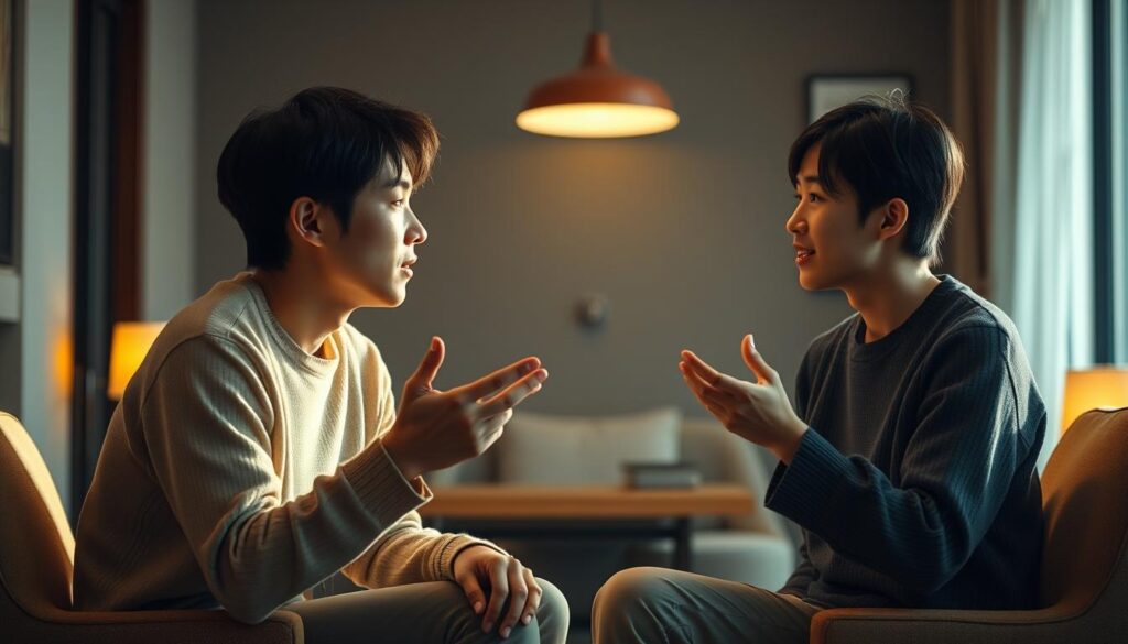 A serene, well-lit interior setting with two young, Japanese-looking individuals engaged in a thoughtful, intellectual discourse. The warm, natural lighting casts a soft, inviting glow, creating an atmosphere of trust and openness. The pair, sitting comfortably across from each other, maintain eye contact and gesticulate subtly, conveying a sense of deep, meaningful connection. The background is subtly blurred, allowing the focus to remain on the subjects and their engrossing conversation. The scene exudes a sense of quiet contemplation and mutual understanding, perfectly capturing the essence of "intellectual communication and trust-building."