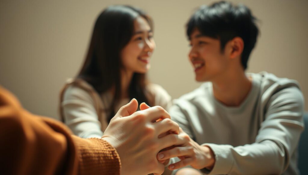 A serene, well-lit scene of two young Japanese individuals engaged in thoughtful conversation. The foreground showcases a close-up of their hands clasped together, conveying a sense of trust and understanding. The middle ground features their earnest expressions as they maintain eye contact, a soft smile on their faces. The background is blurred, drawing the viewer's focus to the intimate moment unfolding. The lighting is natural and warm, creating a calming, intimate atmosphere that reflects the trust and commitment built through everyday promises.