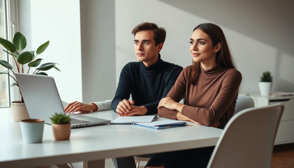 A serene workspace with a minimalist desk, a laptop, and a few potted plants. The lighting is soft and natural, casting gentle shadows. The models have a calm, introspective expression, their hands gently resting on the desk as they contemplate their creative process. The scene evokes a sense of focus, inspiration, and the joy of intellectual pursuits. The background is blurred, allowing the viewer to concentrate on the models' refined and thoughtful demeanor, embodying the essence of INFJ creatives thriving in their chosen field.