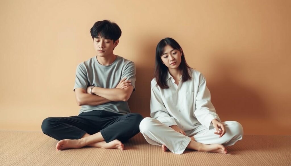 A serene, yet focused scene of two young Japanese individuals engaged in deep self-analysis. Set against a warm, earthy tone, the figures sit cross-legged, their expressions pensive and introspective. Soft, diffused lighting casts gentle shadows, highlighting the contours of their faces as they navigate their inner strengths and personal growth. The background is minimalist, allowing the subjects to be the central focus, radiating a sense of calm exploration and self-discovery. Captured with a wide-angle lens, the composition invites the viewer to join in this thoughtful journey of personal development.