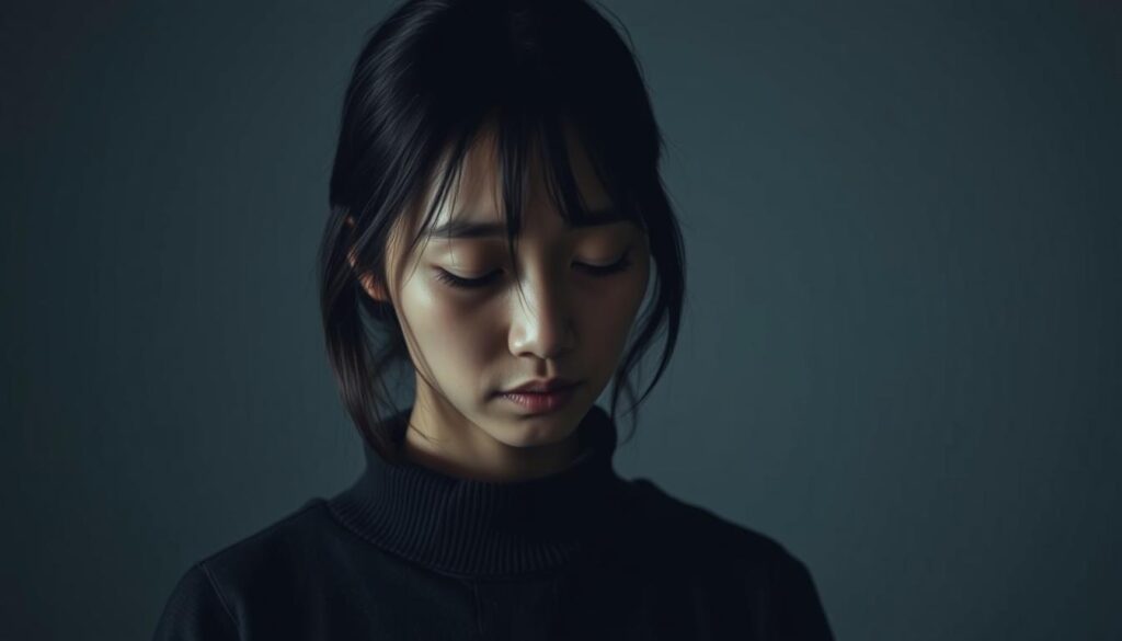 A serene yet somber scene, a young Japanese-looking woman stands alone, eyes downcast, her expression a careful mask concealing the turmoil within. Muted lighting creates shadows that accentuate the weighty atmosphere, as if the weight of her restrained emotions threatens to overwhelm her. The background is a minimalist, almost clinical setting, emphasizing the solitary nature of her struggle. Captured with a sharp, documentary-style lens, the image conveys the raw reality of emotional suppression, a poignant representation of the section's subject matter.