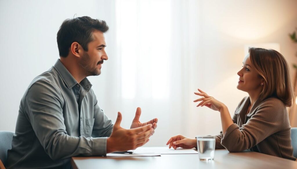 A softly lit room, two people sitting across a table, engaged in thoughtful discussion. The man, with a focused expression, leans in, his hands gesturing as he speaks. The woman, her eyes attentive, nods in understanding, her posture relaxed. The scene exudes a sense of harmony and mutual respect, as they navigate the nuances of effective communication, each drawing on their individual strengths to build a deeper connection. The ambient lighting casts a warm, inviting glow, creating an atmosphere of openness and trust. The composition is balanced, with the subjects occupying the foreground, while the background remains slightly blurred, allowing the viewer to focus on the meaningful exchange between the two individuals.