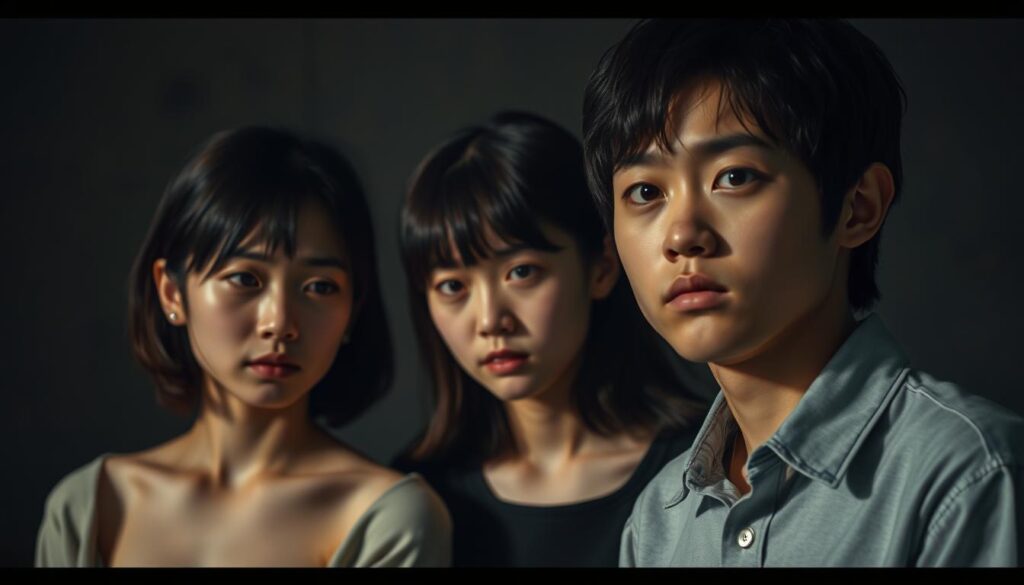 A somber and pensive scene depicting the inner turmoil of an ISFP individual's struggle to suppress their emotions towards a person they dislike. Three young Japanese-looking models are arranged in a natural, cinematic composition, their faces conveying a range of subtle emotional undercurrents - resignation, discomfort, and a guarded disposition. Soft, muted lighting casts dramatic shadows, enhancing the introspective atmosphere. The models' body language and expressions subtly suggest the complex dynamics at play, as they navigate the challenges of concealing their true feelings. The overall tone is one of restrained intensity, mirroring the delicate psychological mechanisms at work.