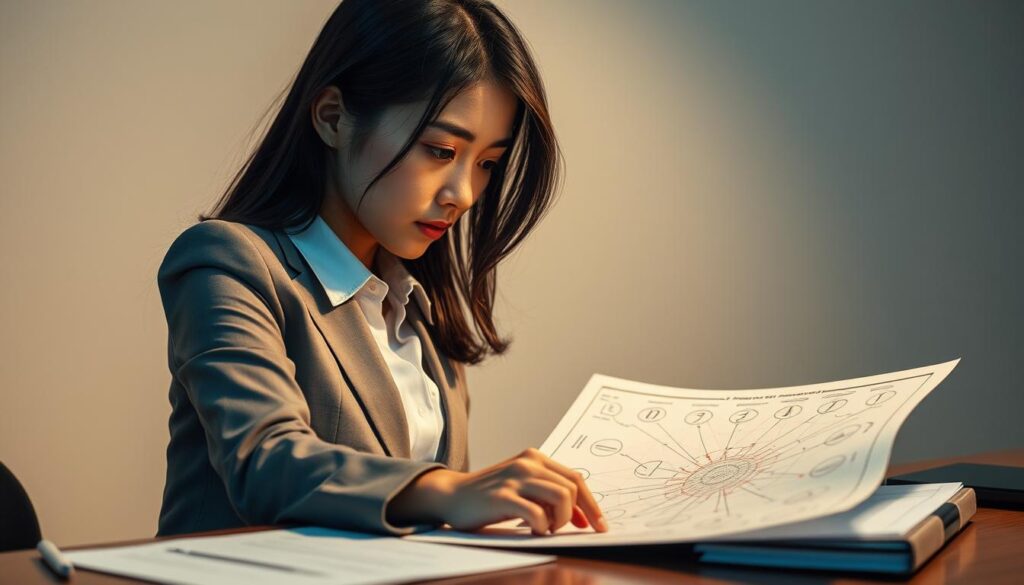 A sophisticated young Japanese woman, with a determined expression, sits at a desk, meticulously planning her romantic strategy. Warm lighting illuminates her thoughtful gaze as she studies a detailed chart, her fingers tracing the intricate web of connections. The background is minimalist, allowing the subject's intense focus to take center stage. The scene conveys a sense of calculated deliberation, hinting at the INTJ's analytical approach to matters of the heart. Crisp, high-resolution photographic quality captures the intensity of the moment, reflecting the subject's refined, methodical pursuit of love.