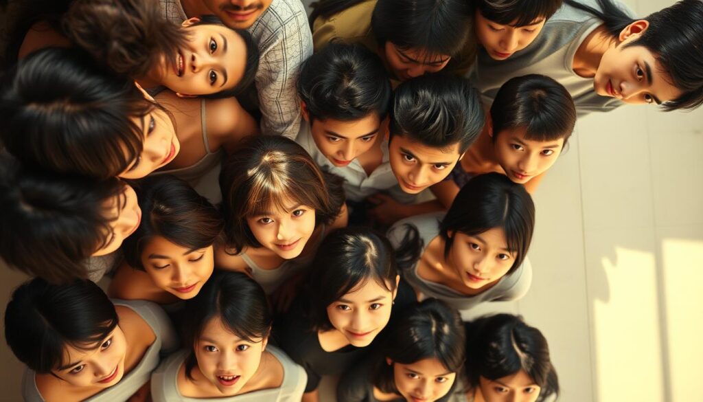 A striking overhead view of a diverse group of young Japanese individuals, their expressive faces and lithe frames illuminated by soft, natural lighting. The scene evokes a sense of introspection and quiet contemplation, reflecting the introverted nature of the INFP personality type. The subjects are arranged in a harmonious grid, conveying the statistical data of INFP population in Japan. The overall composition has a warm, cinematic quality, lending an air of authenticity and emotional resonance to the image.