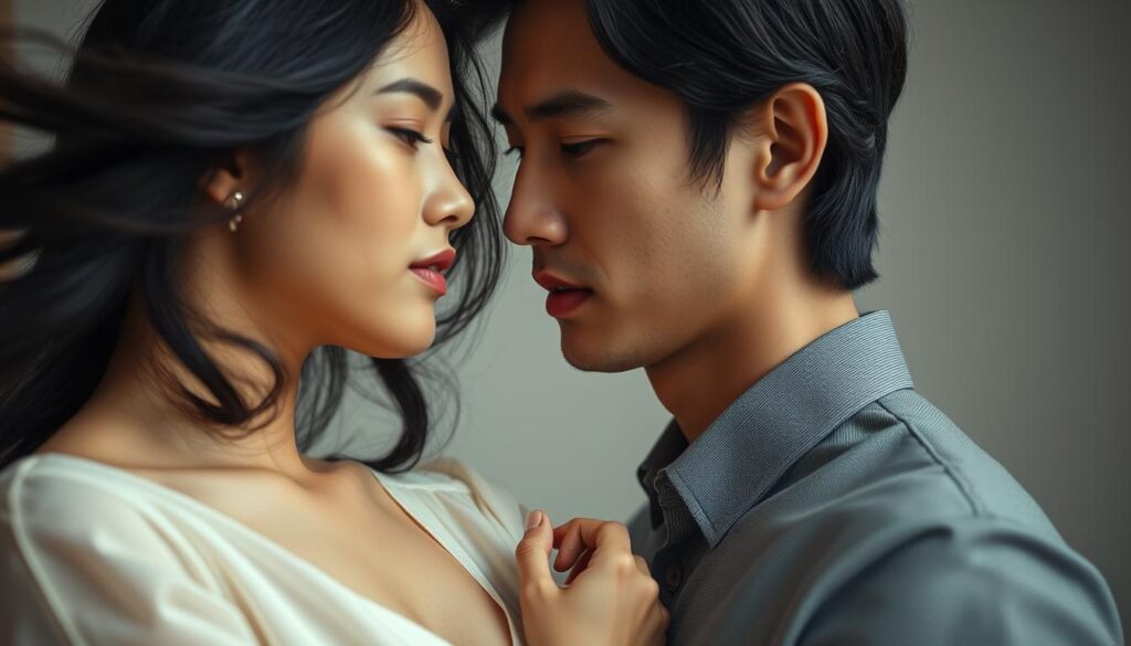 A stylish Japanese couple immersed in an intimate moment, capturing the complexities of balancing societal pressures and personal desires. The woman's delicate features and flowing black hair convey a sense of grace, while the man's chiseled jawline and focused gaze reflect a determined nature. They stand in a softly lit, minimalist setting, the background blurred to emphasize their connection. Soft, muted tones create a sense of introspection, hinting at the thoughtful consideration of how external perceptions influence their relationship. The image aims to reflect the nuanced interplay between social evaluation and the pursuit of an ESTJ's ideal romantic partnership.