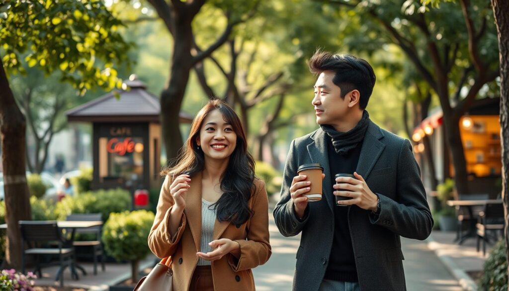 A stylish Japanese couple strolling through a charming urban park, sipping coffee and discussing their meticulously planned date itinerary. Warm, natural lighting illuminates their faces as they navigate the tree-lined paths, their expressions radiating a sense of excitement and anticipation. In the background, a cozy cafe sets the scene, its inviting atmosphere hinting at the couple's next destination. The overall mood is one of thoughtful, organized romance, reflecting the ESTJ male's penchant for structured, intentional courtship.