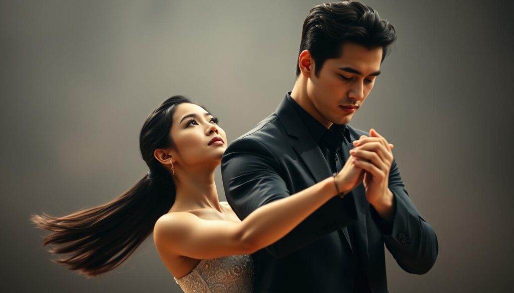 A stylish, young Japanese couple immersed in a carefully orchestrated dance of love, their movements flowing with calculated grace. The woman, with her sleek, raven hair, gazes up at her partner, her expression a captivating mix of adoration and strategic contemplation. The man, his features chiseled and intense, guides their synchronized steps, his body language radiating a sense of disciplined ardor. Soft, diffused lighting bathes the scene, imbuing it with a dreamlike quality that belies the underlying efficiency and planning evident in their every action. The background fades into a hazy, out-of-focus blur, allowing the focus to remain firmly on the couple's intimate, yet meticulously choreographed, romantic interplay.