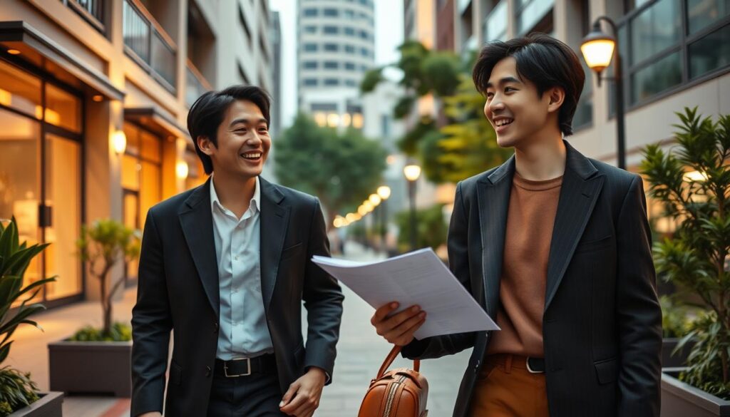 A stylishly dressed young Japanese couple strolling through a lush, contemporary urban landscape, their faces alight with excitement as they plan their next strategic date night. Soft directional lighting from street lamps and shop windows creates an intimate, chiaroscuro effect, highlighting their animated expressions and the sophisticated outfits they've carefully curated. The background features a blend of modern architecture, carefully manicured greenery, and a sense of cosmopolitan vitality, setting the stage for their romantic, yet intentional date adventure.